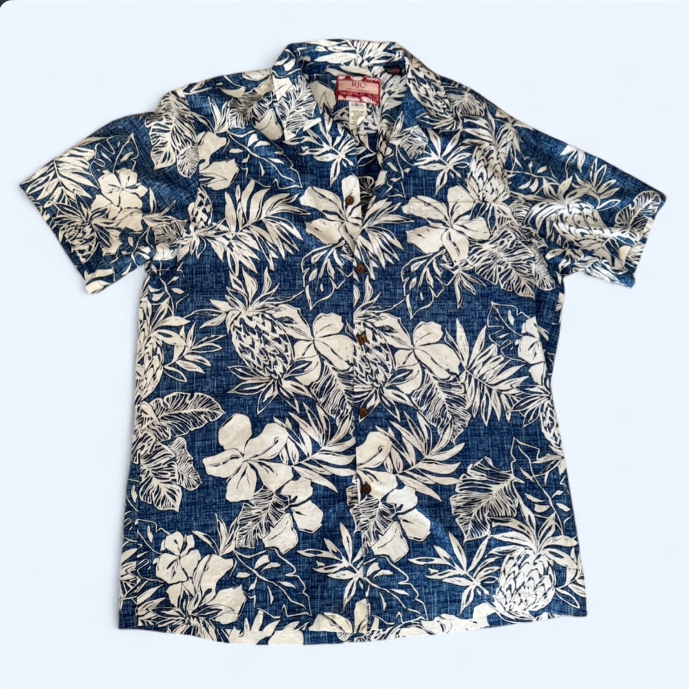 RJC Hawaiian Shirt Blue and White Tropical Size Large Vintage Like New Style103C